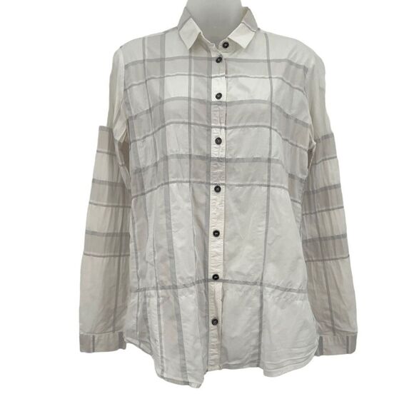Burberry Brit Button Down Shirt Women's Small White Beige Grey Long Sleeve Top - Picture 1 of 13